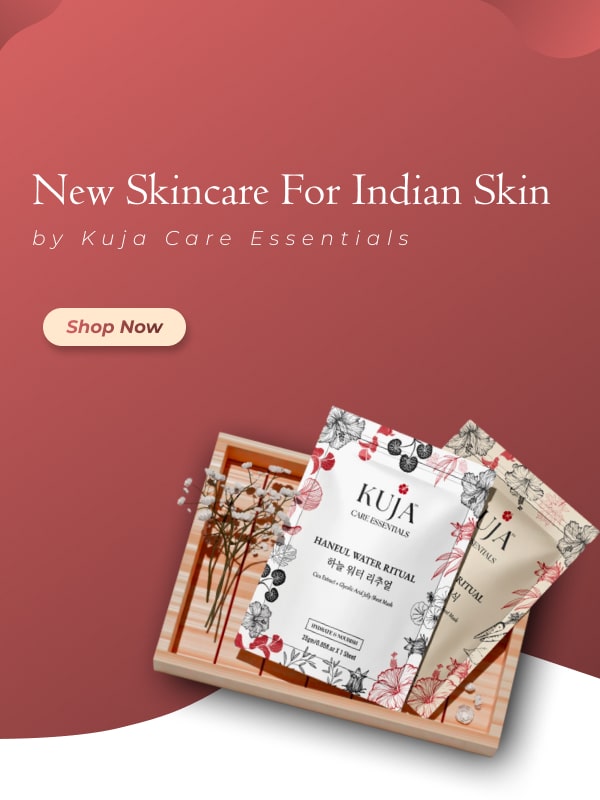 Promotional banner for skincare products with 'Kuja Care Essentials' on a maroon background.